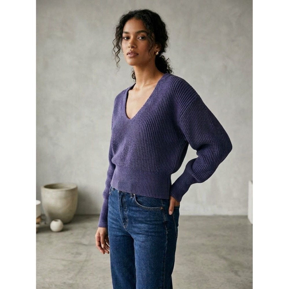 Free People Ribbed V-Neck Dolman Sleeve Cinched Waist Sweater Purple Small